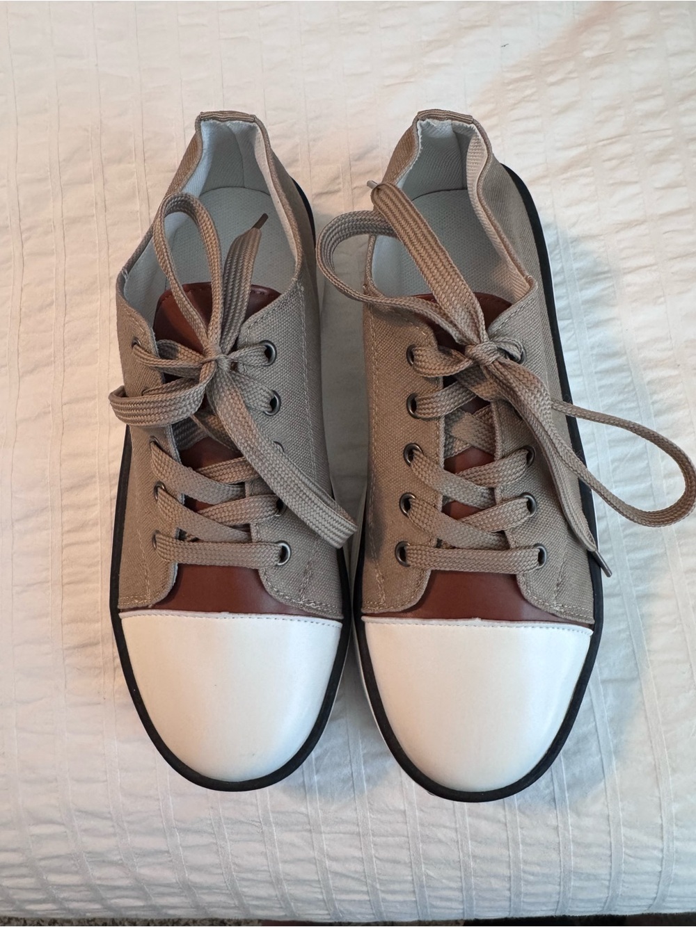 Brown, beige platform sneaker with White Toe Cap